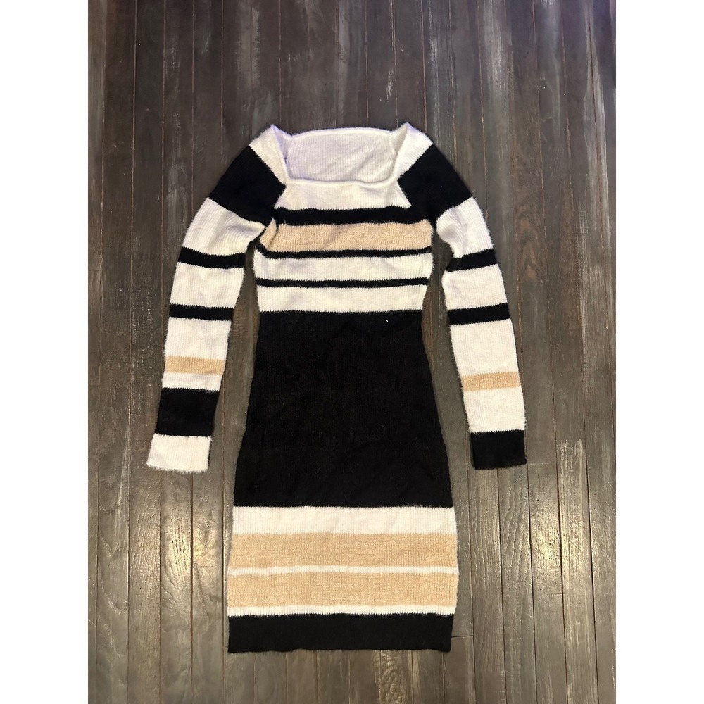 Fuzzy Striped Bodycon Sweater Dress Square Neck Long Sleeve Mini Black White Tan